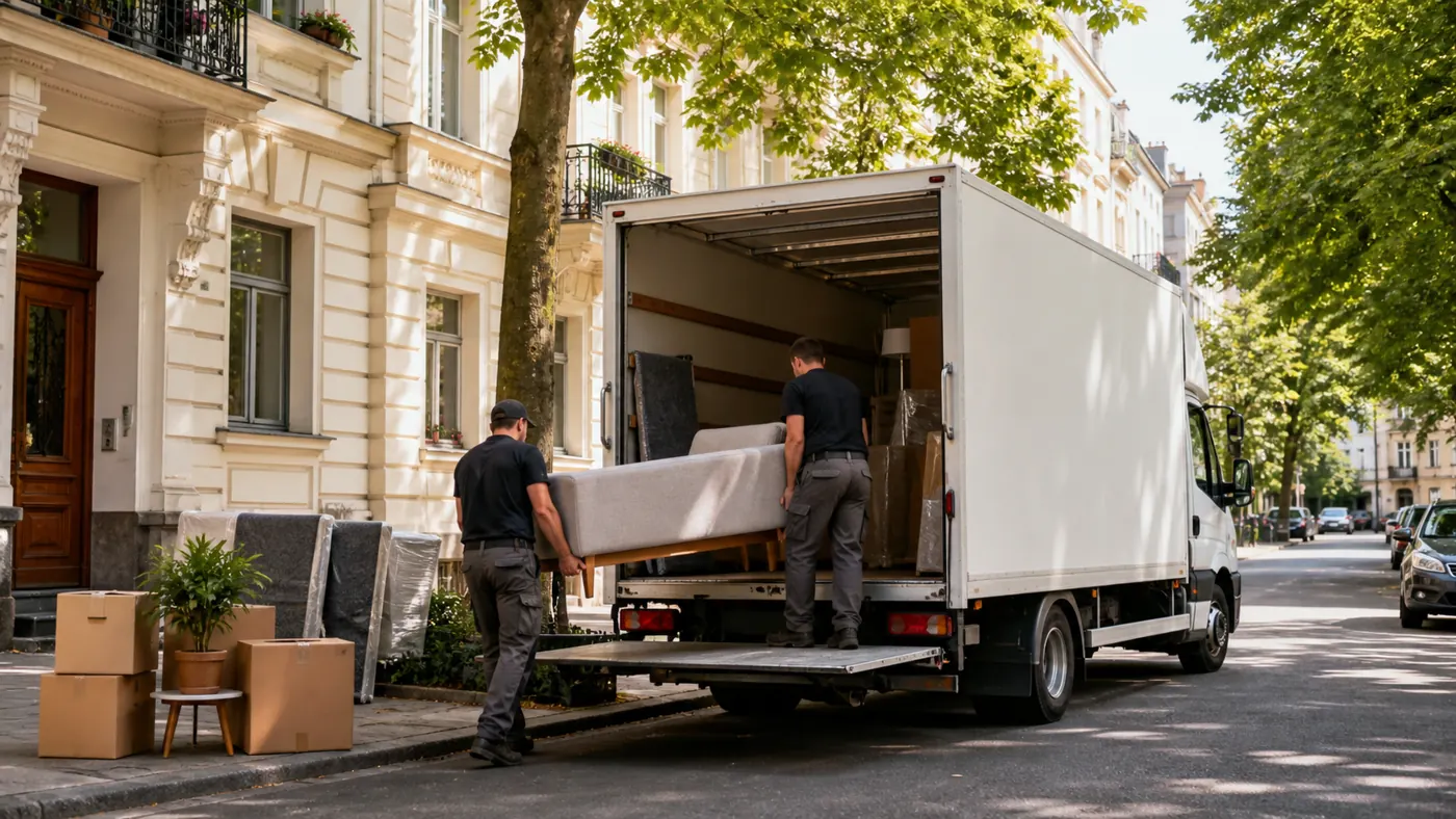 Umzüge in ganz Berlin – Umzugsteam entlädt einen Umzugs-LKW auf einer Berliner Straße