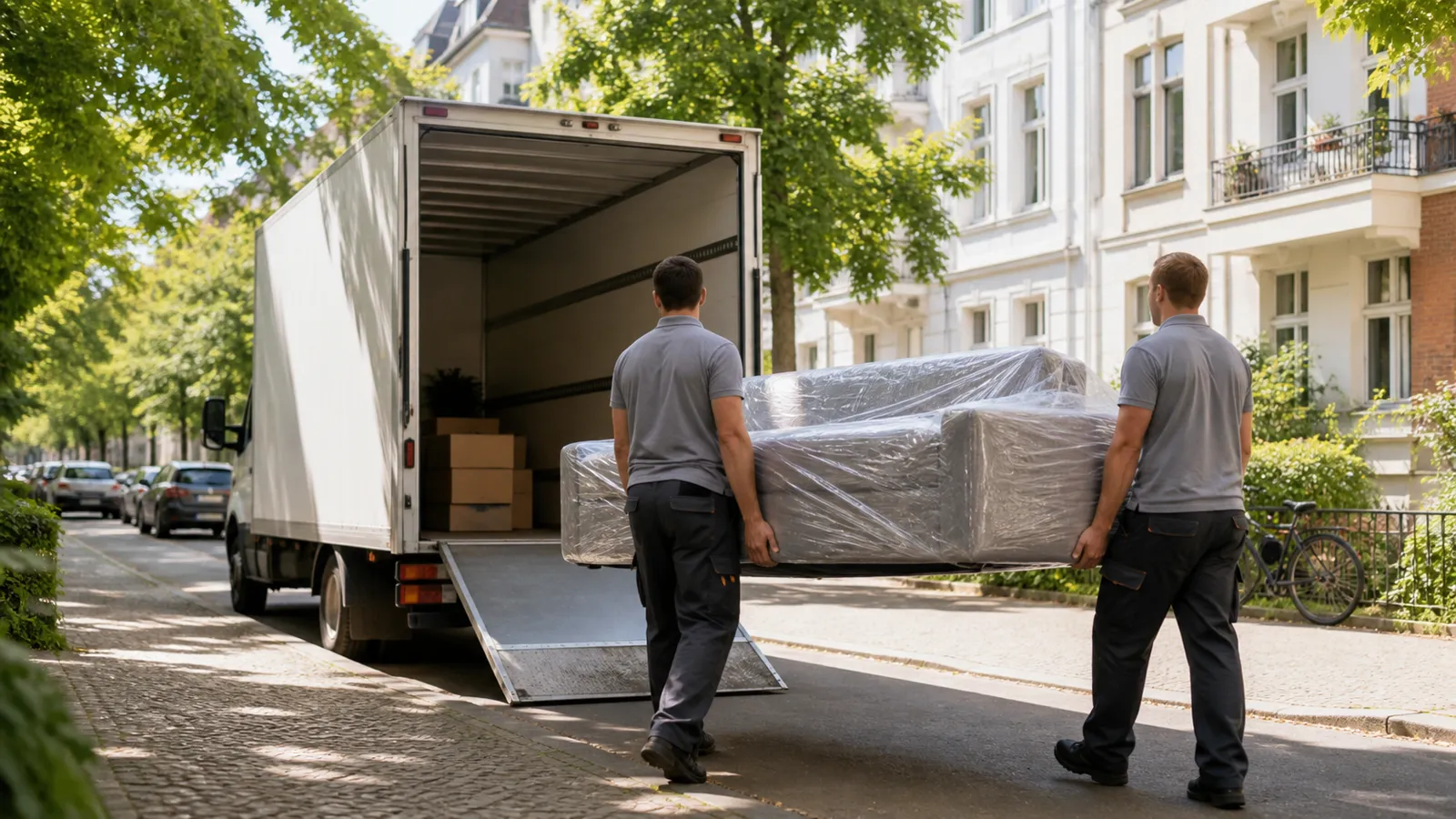 Umzugsunternehmen Berlin: Umzugshelfer verladen ein verpacktes Sofa in einen Umzugs-LKW